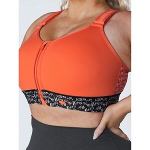 SHEFIT Orange Front-Zip Sports Bra with Black Script Band